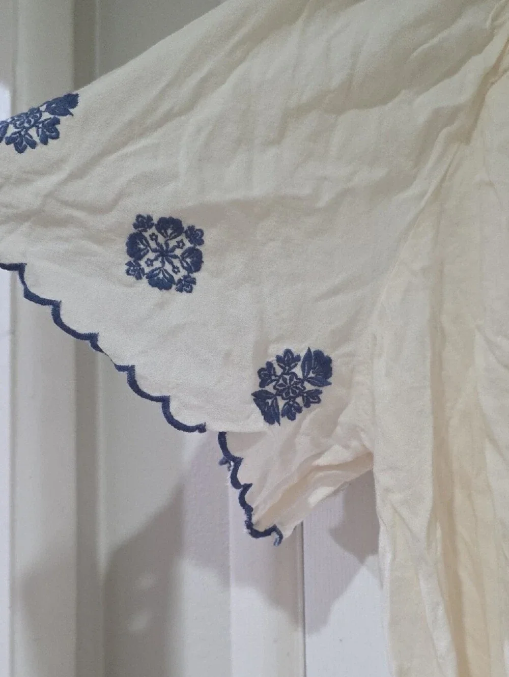 Old Navy Cream Peasant Blouse with Blue Floral Embroidery